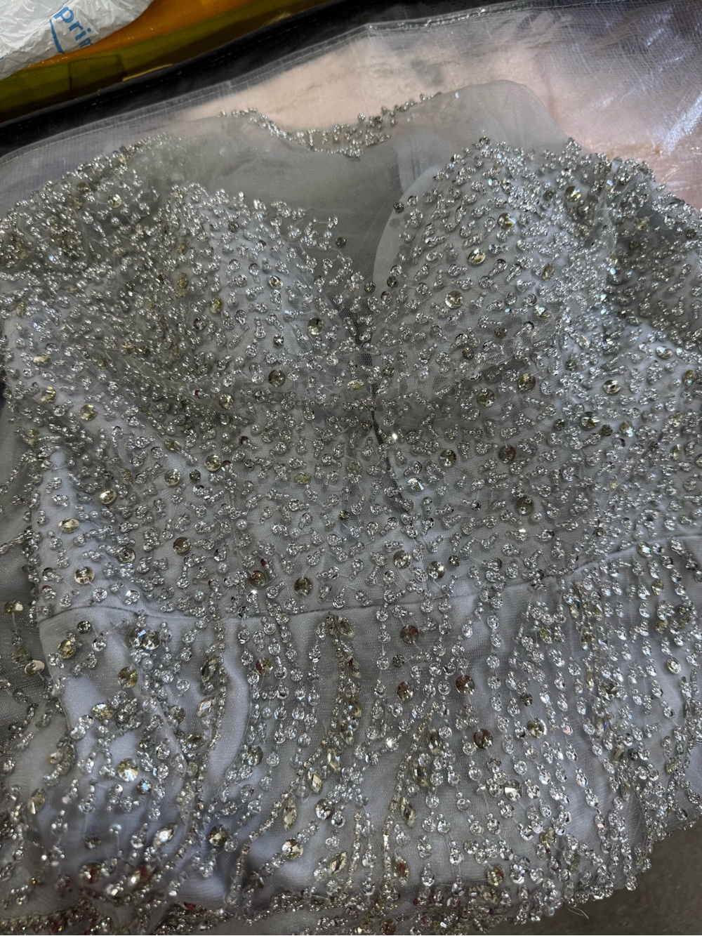 Strapless Crystal-Embellished Silver Evening Dress
